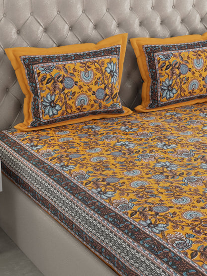 100% Cotton Hand Block Printed King Size Double Bedsheet with 2 Pillow Covers, 240 TC.