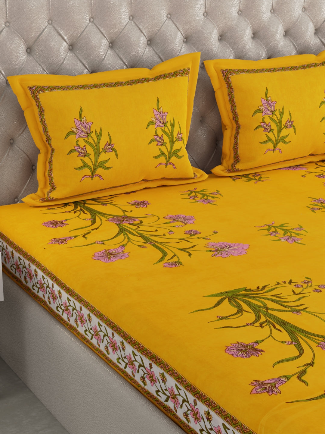 100% Pure Organic Cotton Fabric Hand Block Printed King Size Double Bedsheet with 2 Pillow Covers, 340 TC II